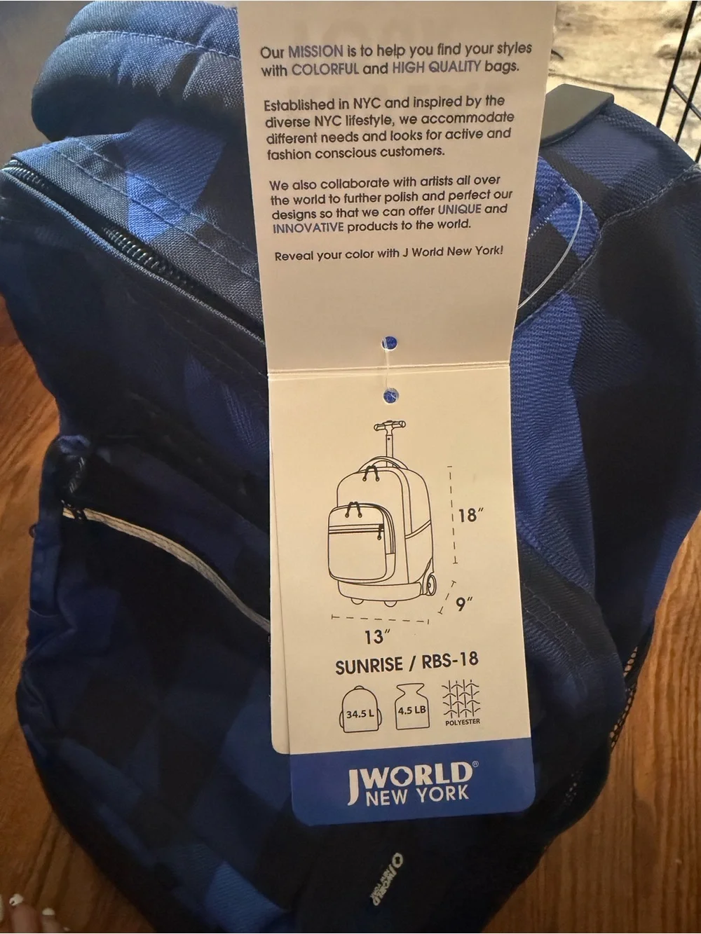J World Blue Checkered Rolling Backpack - Men's Travel Bag-NWT